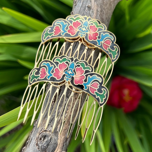 Vintage Cloisonné Black Enamel Butterfly Hair Combs – Set